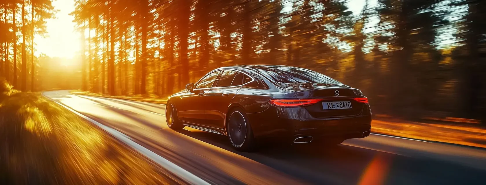 A sleek sedan in motion with blurred forest road